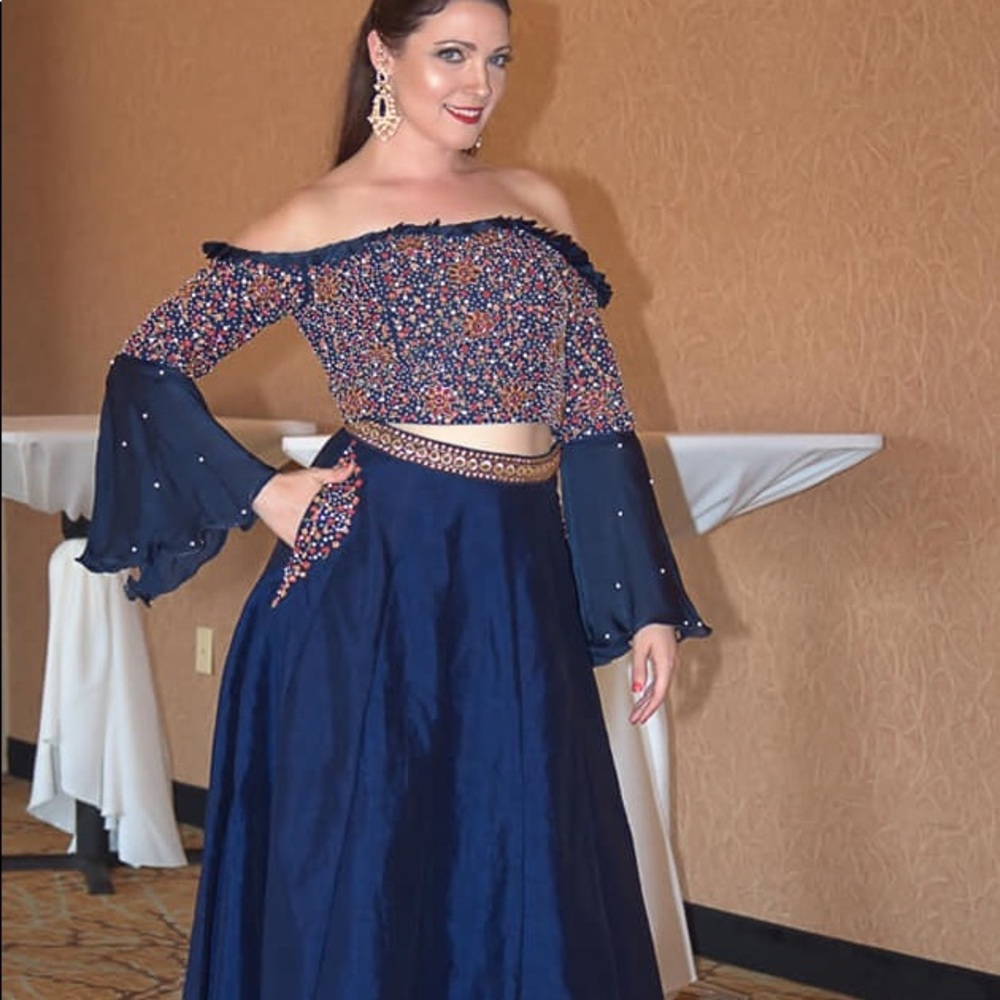 Embroidered off shoulder top with skirt